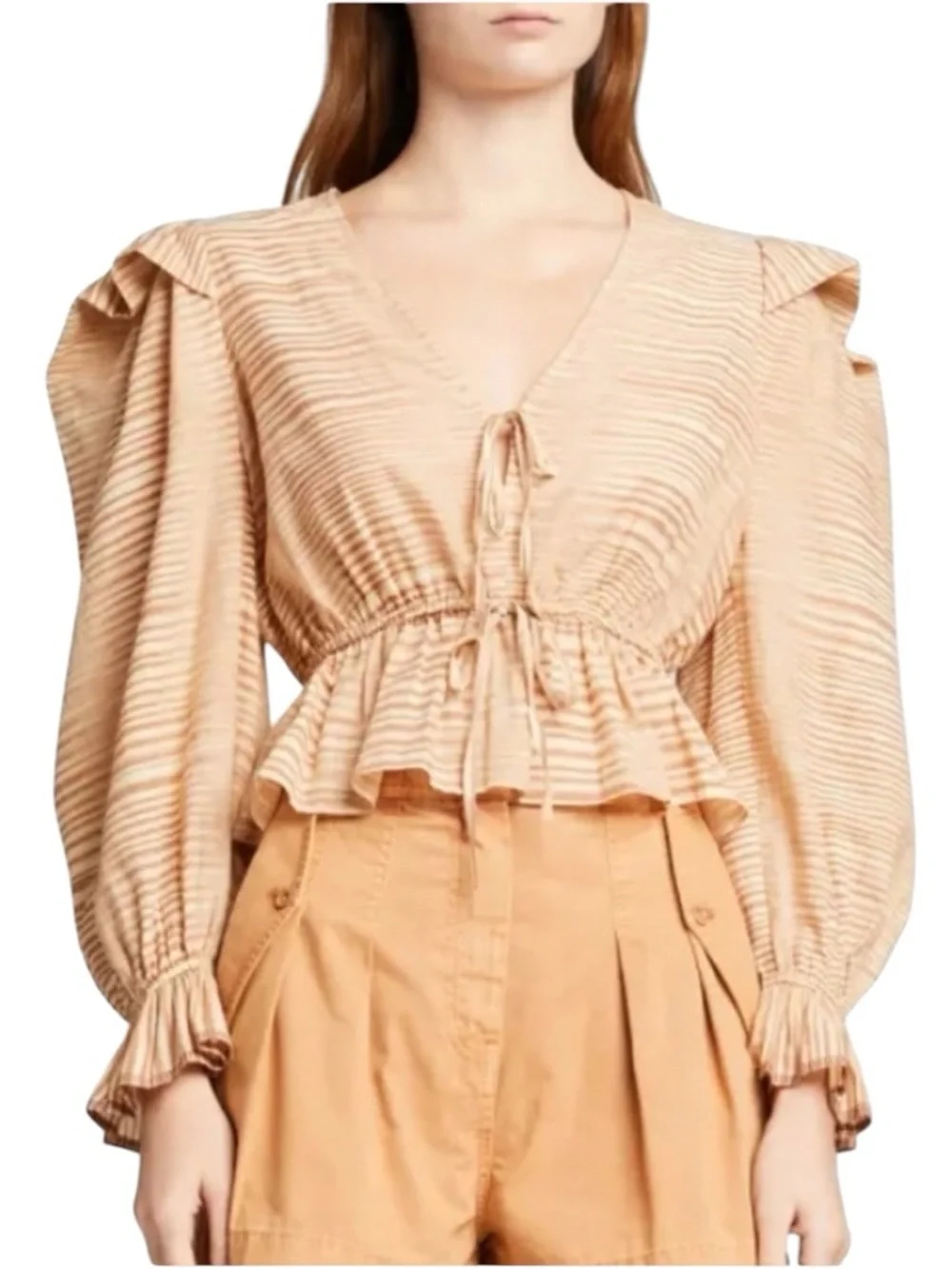 Ulla Johnson - Ophelia Striped Fawn Blouse Ruffle Puff Sleeve Cotton Sz 10